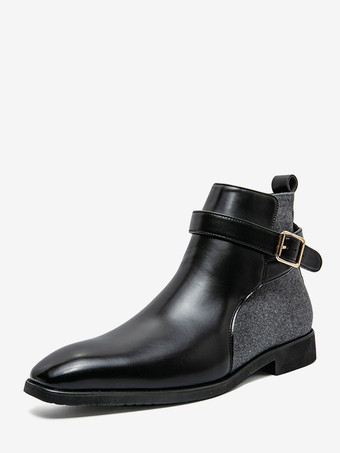 SchwarzSchwarze Stiefeletten mit runder Zehenpartie Patchwork-Details und Schnallen