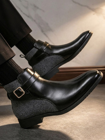 Schwarze Stiefeletten mit runder Zehenpartie Patchwork-Details und Schnallen