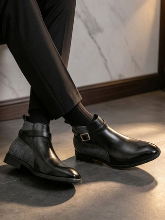 Schwarze Stiefeletten mit runder Zehenpartie Patchwork-Details und Schnallen