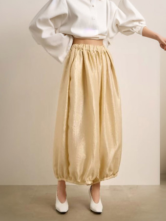 アプリコット色の伸縮性ウエストのハーレムパンツ、レディースのゆったりとしたバルーンランタン風のカジュアルパンツ