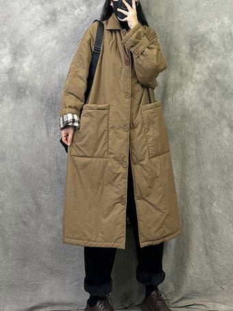 Khaki Brauner gesteppter langer Damenmantel mit Hemdkragen kariertem Futter und Oversize-Schnitt