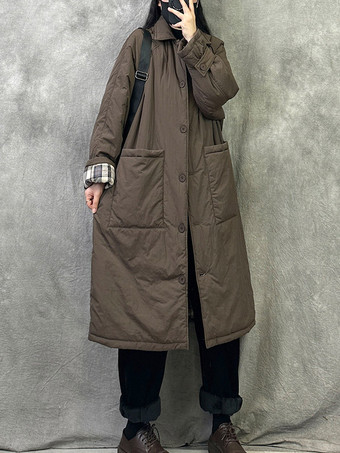 Braun Brauner gesteppter langer Damenmantel mit Hemdkragen kariertem Futter und Oversize-Schnitt