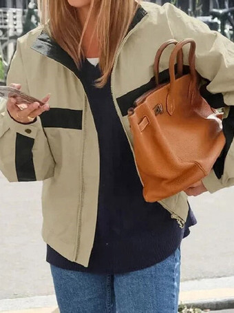 Khakifarbene kurze Trainingsjacke für Damen mit Stehkragen farblich abgesetztem Streifenmuster sportliche Jacke