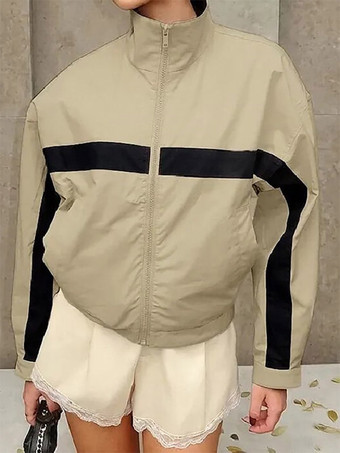 Khakifarbene kurze Trainingsjacke für Damen mit Stehkragen farblich abgesetztem Streifenmuster sportliche Jacke