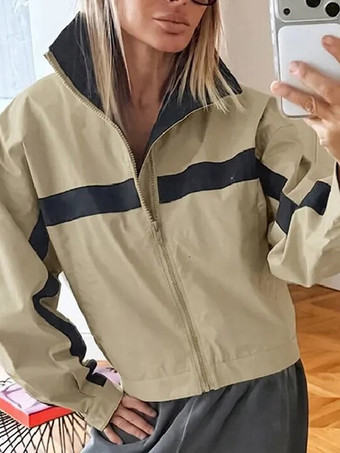 Khakifarbene kurze Trainingsjacke für Damen mit Stehkragen farblich abgesetztem Streifenmuster sportliche Jacke