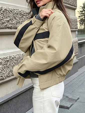 Khakifarbene kurze Trainingsjacke für Damen mit Stehkragen farblich abgesetztem Streifenmuster sportliche Jacke