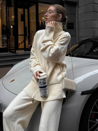 Dunkelgraues Strick-Loungewear-Set für Damen: Zweiteiliges Outfit mit Hose mit halbem Reißverschluss und weitem Bein