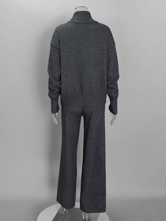 Dunkelgraues Strick-Loungewear-Set für Damen: Zweiteiliges Outfit mit Hose mit halbem Reißverschluss und weitem Bein