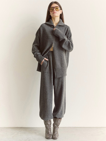 Dunkelgrau Dunkelgraues Strick-Loungewear-Set für Damen: Zweiteiliges Outfit mit Hose mit halbem Reißverschluss und weitem Bein