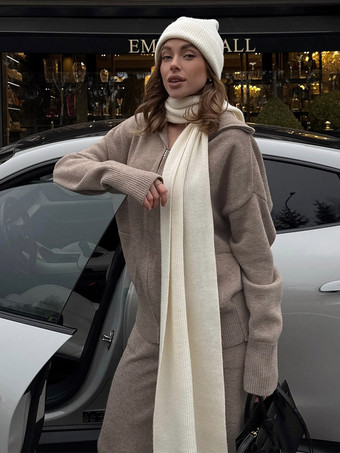 Dunkelgraues Strick-Loungewear-Set für Damen: Zweiteiliges Outfit mit Hose mit halbem Reißverschluss und weitem Bein