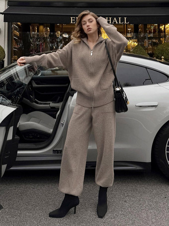 Khaki Dunkelgraues Strick-Loungewear-Set für Damen: Zweiteiliges Outfit mit Hose mit halbem Reißverschluss und weitem Bein