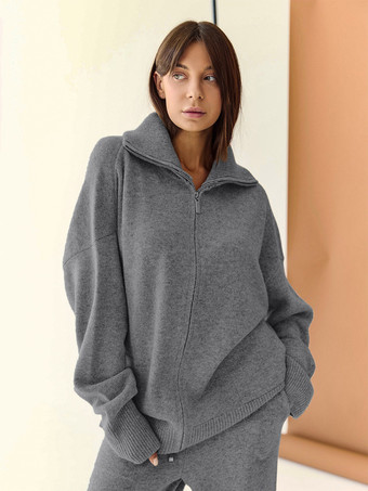 Dunkelgraues Strick-Loungewear-Set für Damen: Zweiteiliges Outfit mit Hose mit halbem Reißverschluss und weitem Bein