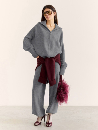 Dunkelgraues Strick-Loungewear-Set für Damen: Zweiteiliges Outfit mit Hose mit halbem Reißverschluss und weitem Bein