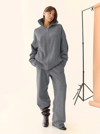 Dunkelgraues Strick-Loungewear-Set für Damen: Zweiteiliges Outfit mit Hose mit halbem Reißverschluss und weitem Bein