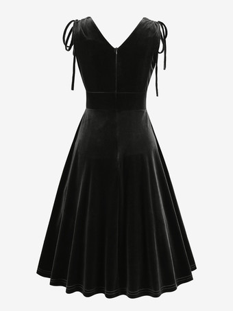 ヴィンテージ 1950年代 スイングドレス ダークグリーン ベルベット イブニングドレス レディース Vネック タイストラップ Aライン ロングドレス