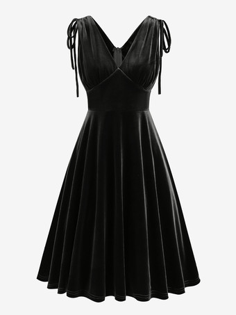 ブラック ヴィンテージ 1950年代 スイングドレス ダークグリーン ベルベット イブニングドレス レディース Vネック タイストラップ Aライン ロングドレス