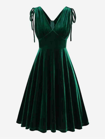 ダークグリーンヴィンテージ 1950年代 スイングドレス ダークグリーン ベルベット イブニングドレス レディース Vネック タイストラップ Aライン ロングドレス