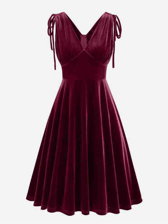 ワインレッド ヴィンテージ 1950年代 スイングドレス ダークグリーン ベルベット イブニングドレス レディース Vネック タイストラップ Aライン ロングドレス