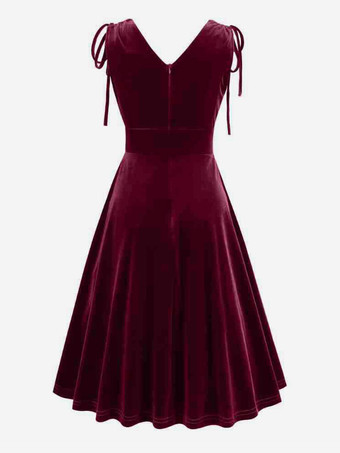 ヴィンテージ 1950年代 スイングドレス ダークグリーン ベルベット イブニングドレス レディース Vネック タイストラップ Aライン ロングドレス