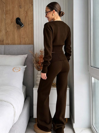 Zweiteiliges braunes Strickset für Damen: Cardigan mit V-Ausschnitt hochtaillierte Hose mit weitem Bein