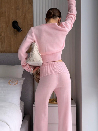 Zweiteiliges braunes Strickset für Damen: Cardigan mit V-Ausschnitt hochtaillierte Hose mit weitem Bein