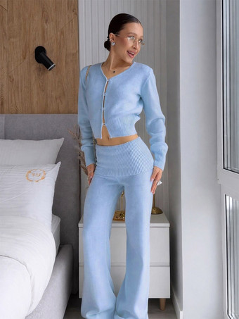 Blau Zweiteiliges braunes Strickset für Damen: Cardigan mit V-Ausschnitt hochtaillierte Hose mit weitem Bein