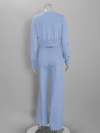 Zweiteiliges braunes Strickset für Damen: Cardigan mit V-Ausschnitt hochtaillierte Hose mit weitem Bein