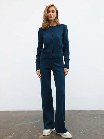 Blau Zweiteiliges braunes Strickset für Damen: Cardigan mit Rundhalsausschnitt und Knöpfen Hose mit weitem Bein