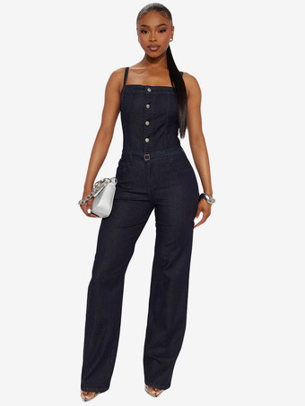 Dunkelblau Dunkelblauer Jumpsuit aus Denim mit eckigem Ausschnitt Spaghettiträgern einreihig geknöpft geradem Bein und sexy Schnitt