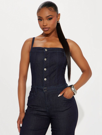 Dunkelblauer Jumpsuit aus Denim mit eckigem Ausschnitt Spaghettiträgern einreihig geknöpft geradem Bein und sexy Schnitt
