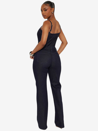 Dunkelblauer Jumpsuit aus Denim mit eckigem Ausschnitt Spaghettiträgern einreihig geknöpft geradem Bein und sexy Schnitt