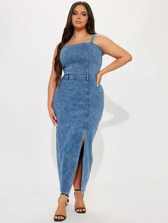 Denim Dress Blue Square Neck Spaghetti Strap Belted High Slit Maxi Women Sexy Dress