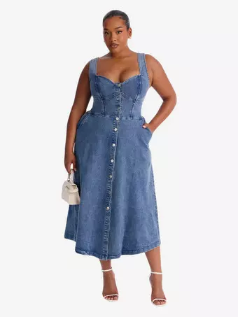 Denim Dress Dark Blue Sweetheart Neck Spaghetti Strap Midi Women Casual Sexy Dress