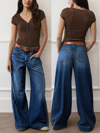 Blau Blaue Jeans mit hohem Bund und weitem Bein Damen lässige Vintage-Denim-Streetwear-Hose