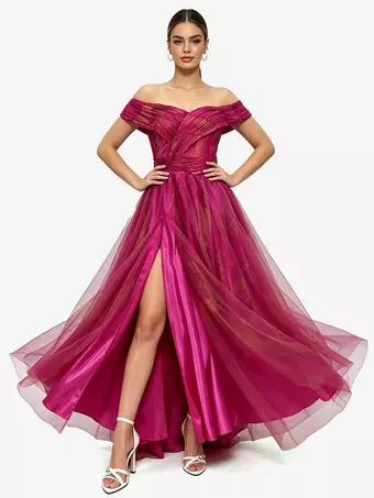 semi formal maxi dresses Party Dress Rose Off-The-Shoulder Split Front Sleeveless Elegant Dress Formal attire