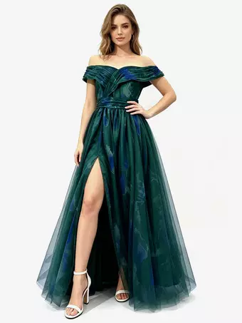 Party Dress Maxi Dresses Green Off-The-Shoulder Split Front Sleeveless Elegant Semi Formal Dress