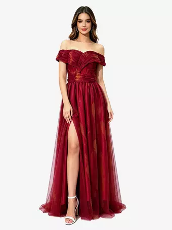 Party Dress Maxi Dresses Red Off-The-Shoulder Split Front Sleeveless Clothes Elegant Semi Formal Dress