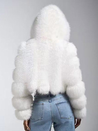 Weißer Kunstfuchspelzmantel für Damen Kapuze kurz warm flauschig Winterjacke