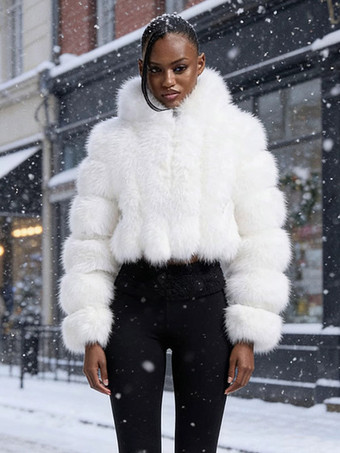 Weißer Kunstfuchspelzmantel für Damen Kapuze kurz warm flauschig Winterjacke