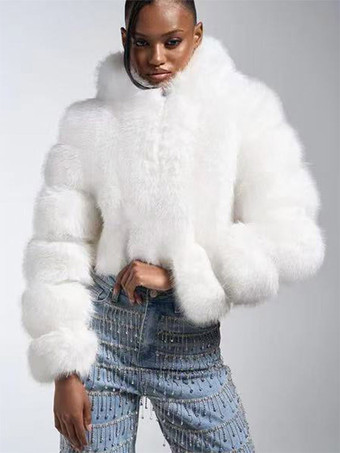 Weißer Kunstfuchspelzmantel für Damen Kapuze kurz warm flauschig Winterjacke