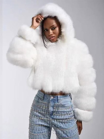 WeißWeißer Kunstfuchspelzmantel für Damen Kapuze kurz warm flauschig Winterjacke