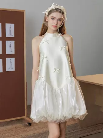 halter neck night dress Date Dresses White Mini Women Bow Detail Satin Bubble Tulle Skirt Dress Vacation Style