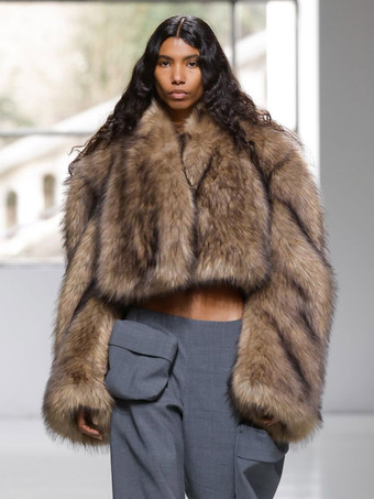 ファーコート ホワイト フェイクファー ショールカラー オープンフロント 長袖 クロップド丈 アウター