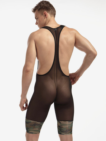 Herren-Unterhemd aus transparentem Mesh mit Camouflage-Patchwork-Muster Trägern und tiefem U-Ausschnitt – sexy Dessous