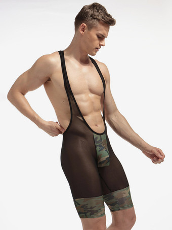 Herren-Unterhemd aus transparentem Mesh mit Camouflage-Patchwork-Muster Trägern und tiefem U-Ausschnitt – sexy Dessous