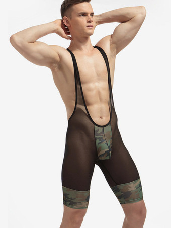 Herren-Unterhemd aus transparentem Mesh mit Camouflage-Patchwork-Muster Trägern und tiefem U-Ausschnitt – sexy Dessous