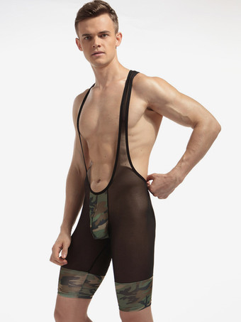 SchwarzHerren-Unterhemd aus transparentem Mesh mit Camouflage-Patchwork-Muster Trägern und tiefem U-Ausschnitt – sexy Dessous