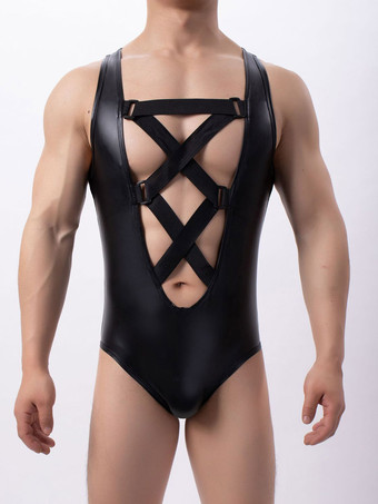 Herren-Body aus Kunstleder mit gekreuzten Ausschnitten tiefem V-Ausschnitt und Racerback-Rücken – sexy Dessous