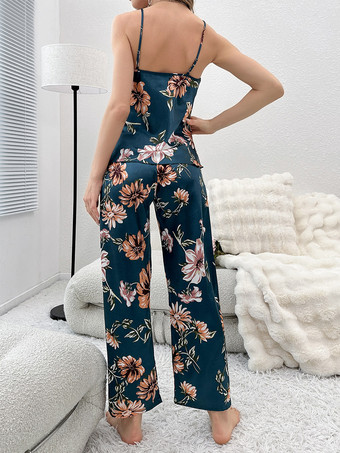 Pyjama-Set für Damen bestehend aus Satin-Top mit Blumenmuster V-Ausschnitt Trägertop und langer Hose Loungewear