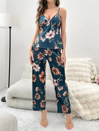 Grün Pyjama-Set für Damen bestehend aus Satin-Top mit Blumenmuster V-Ausschnitt Trägertop und langer Hose Loungewear